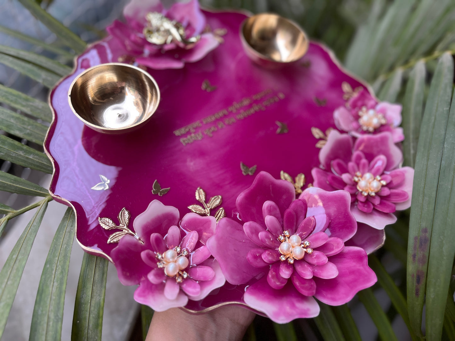 3D Mauve Floral Elegance: Resin Pooja Thali (10 Inches)