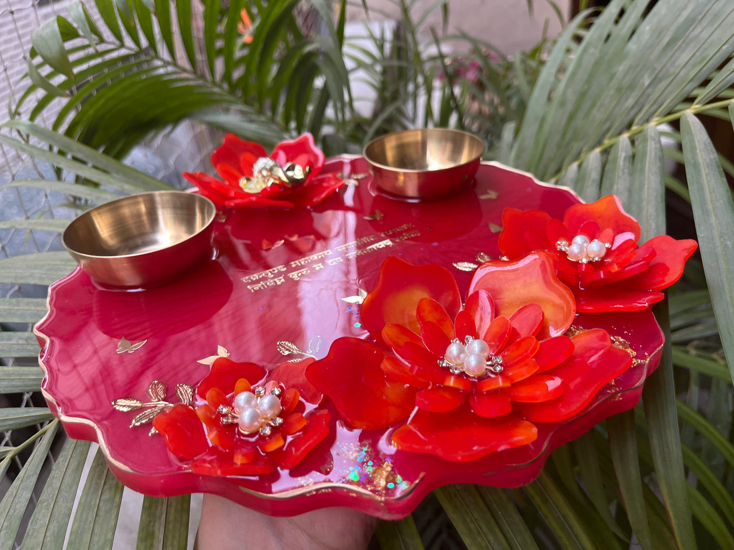 3D Red Floral Elegance: Resin Pooja Thali (10 Inches)