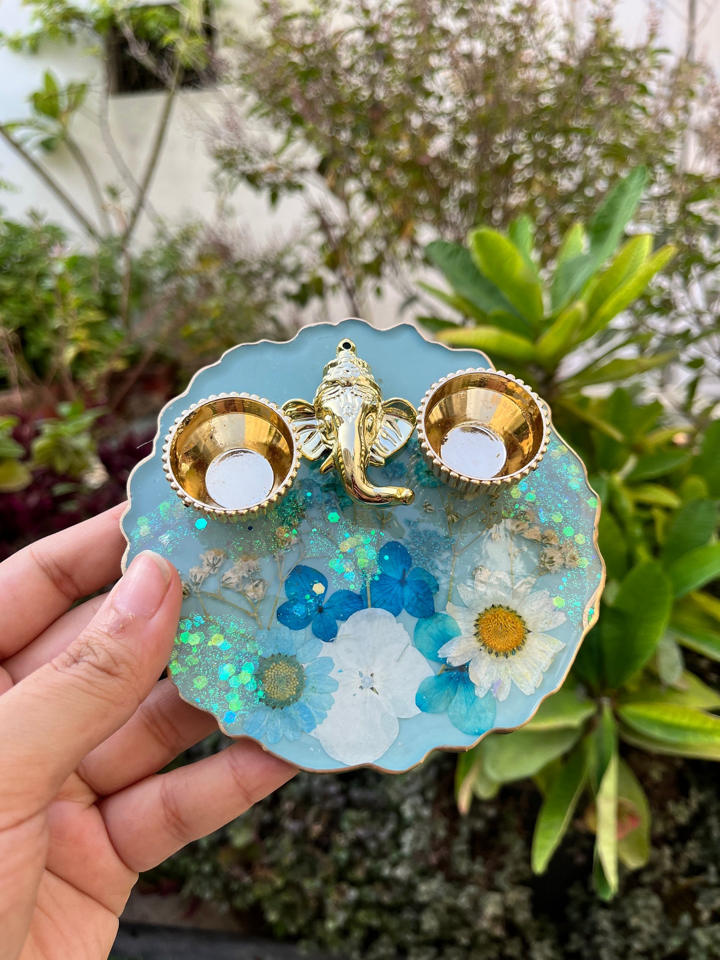 Petite Floral Pooja Platter -Blue Hues