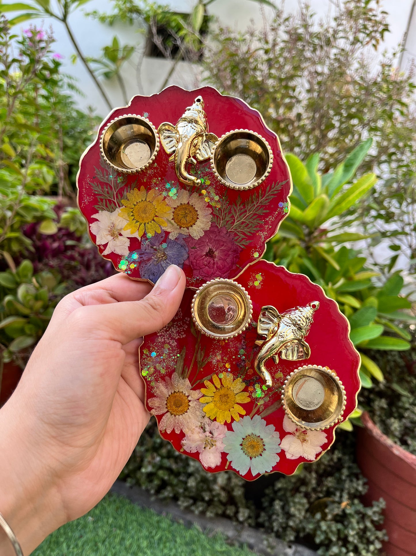 Petite Floral Pooja Platter -Red Garden