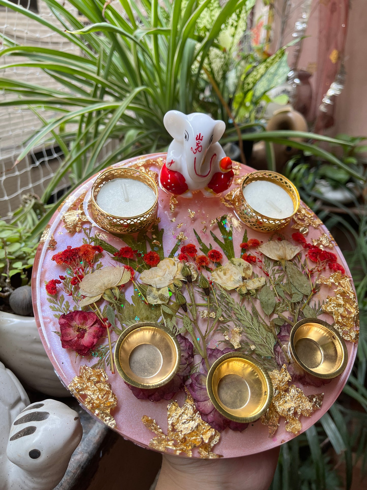 8 inches Ganesha Platter - Rose Garden