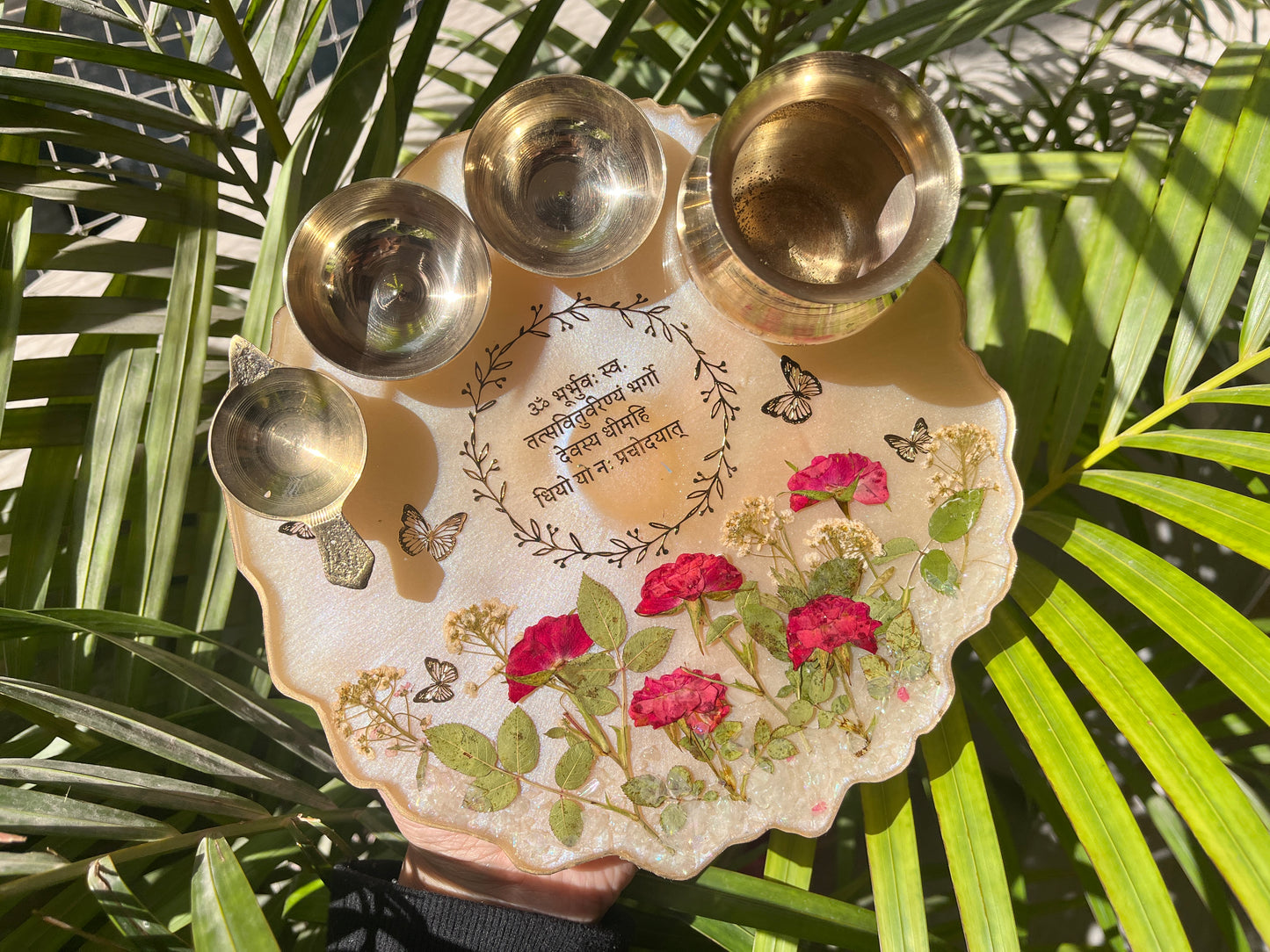 Brass Pooja 8 inches Thali Set - Peach Rose