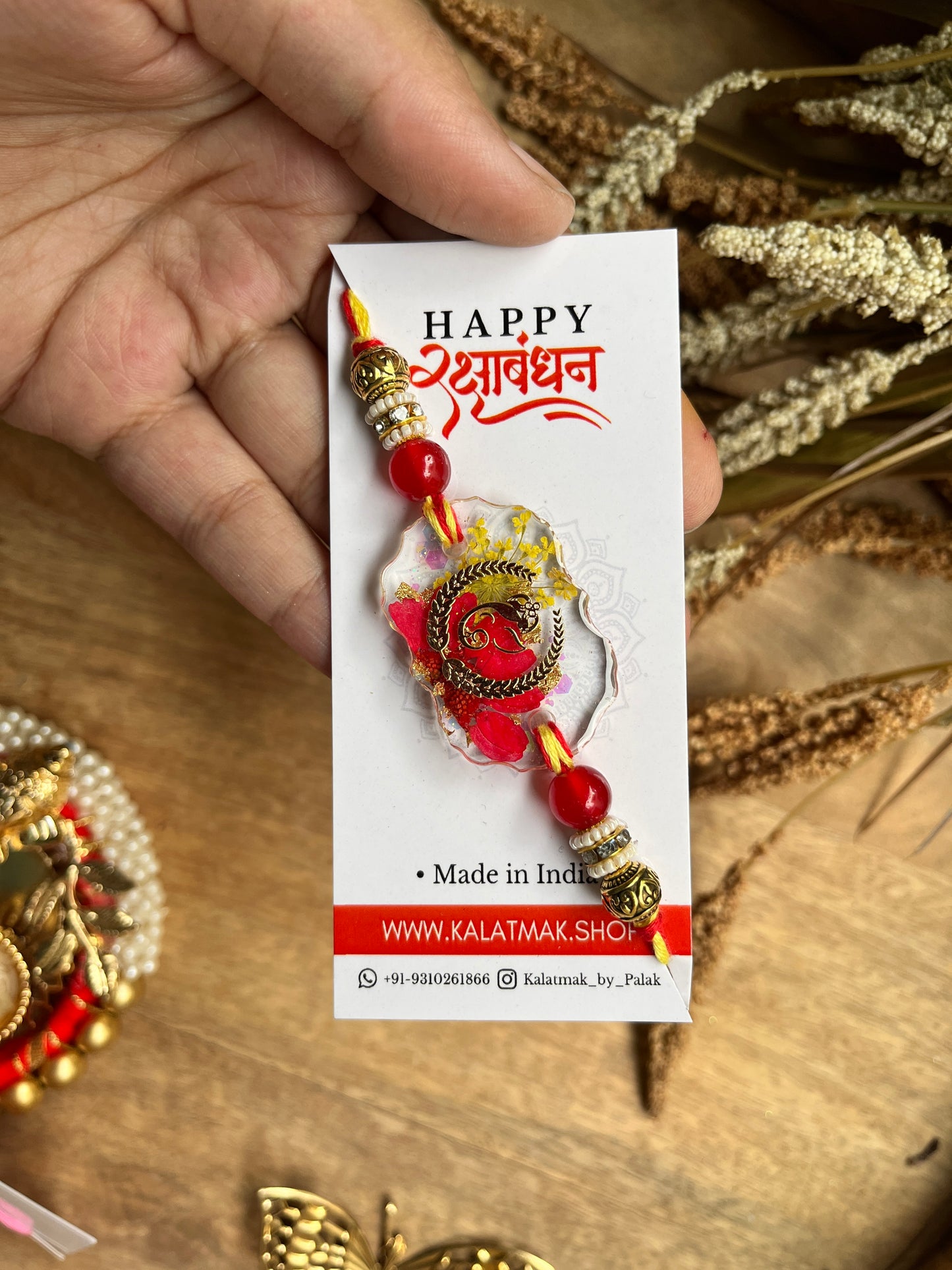 Handcrafted Resin Rakhi - Lime Red