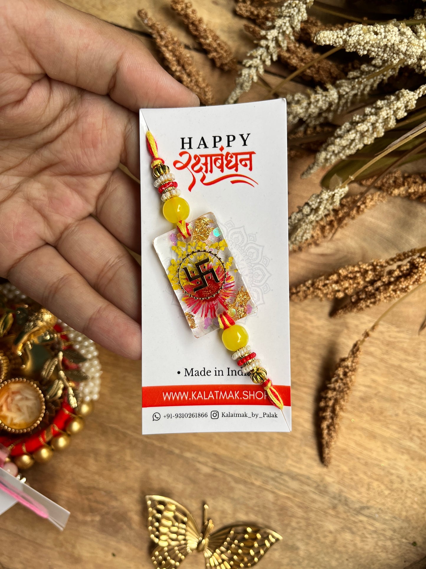 Handcrafted Resin Rakhi - Lime Red