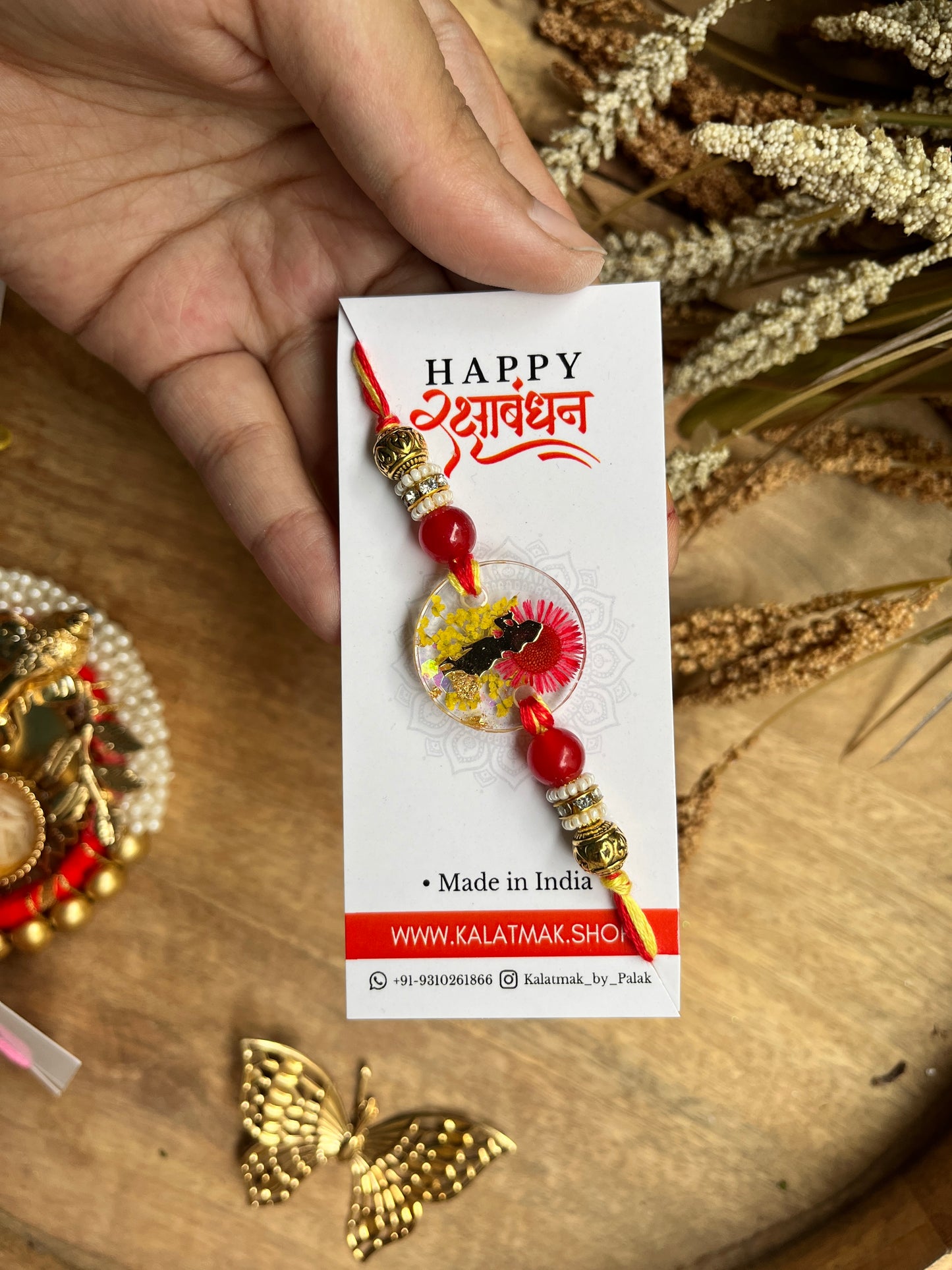 Handcrafted Resin Rakhi - Lime Red