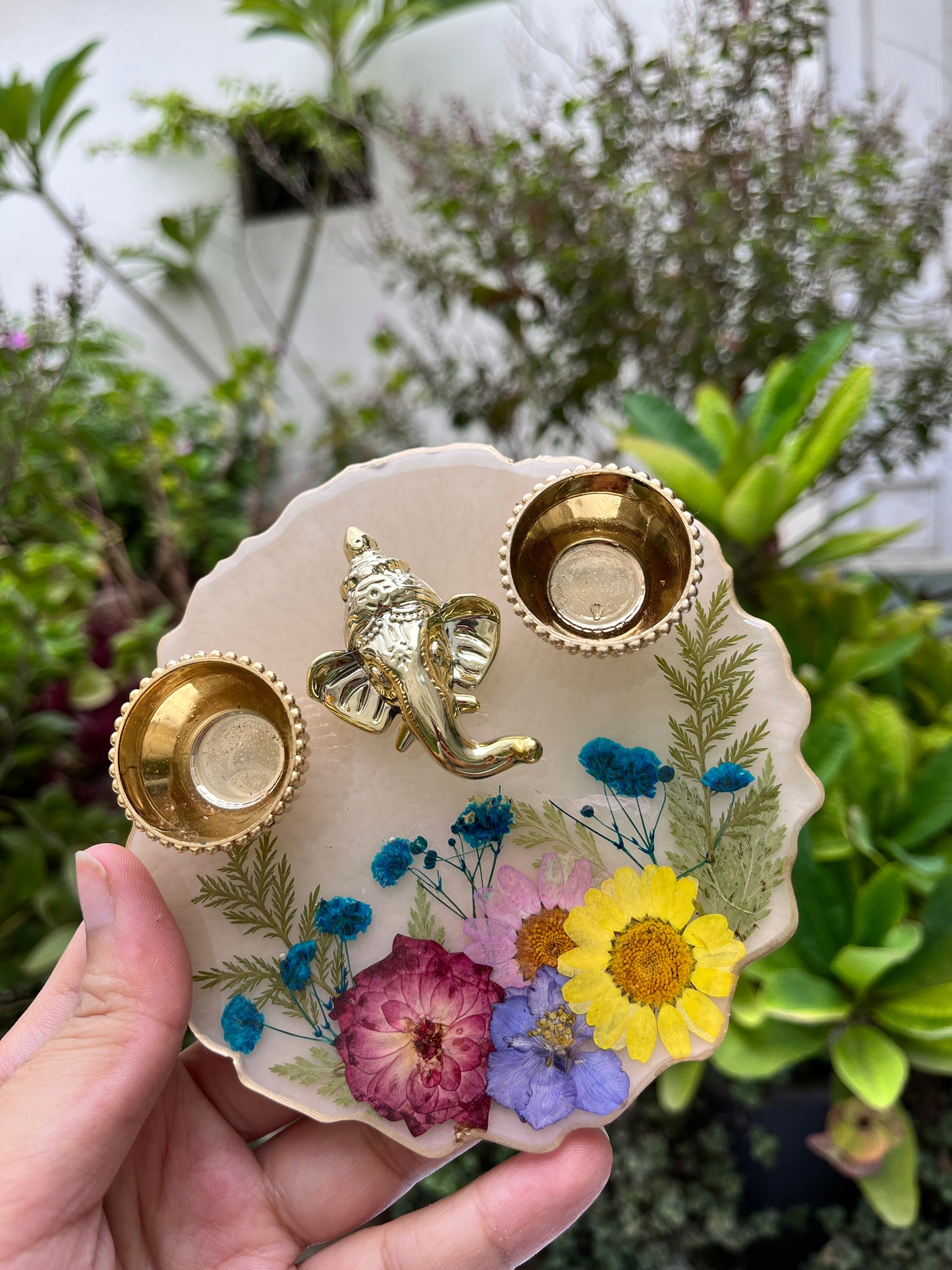Petite Floral Pooja Platter - Rose Larkspur