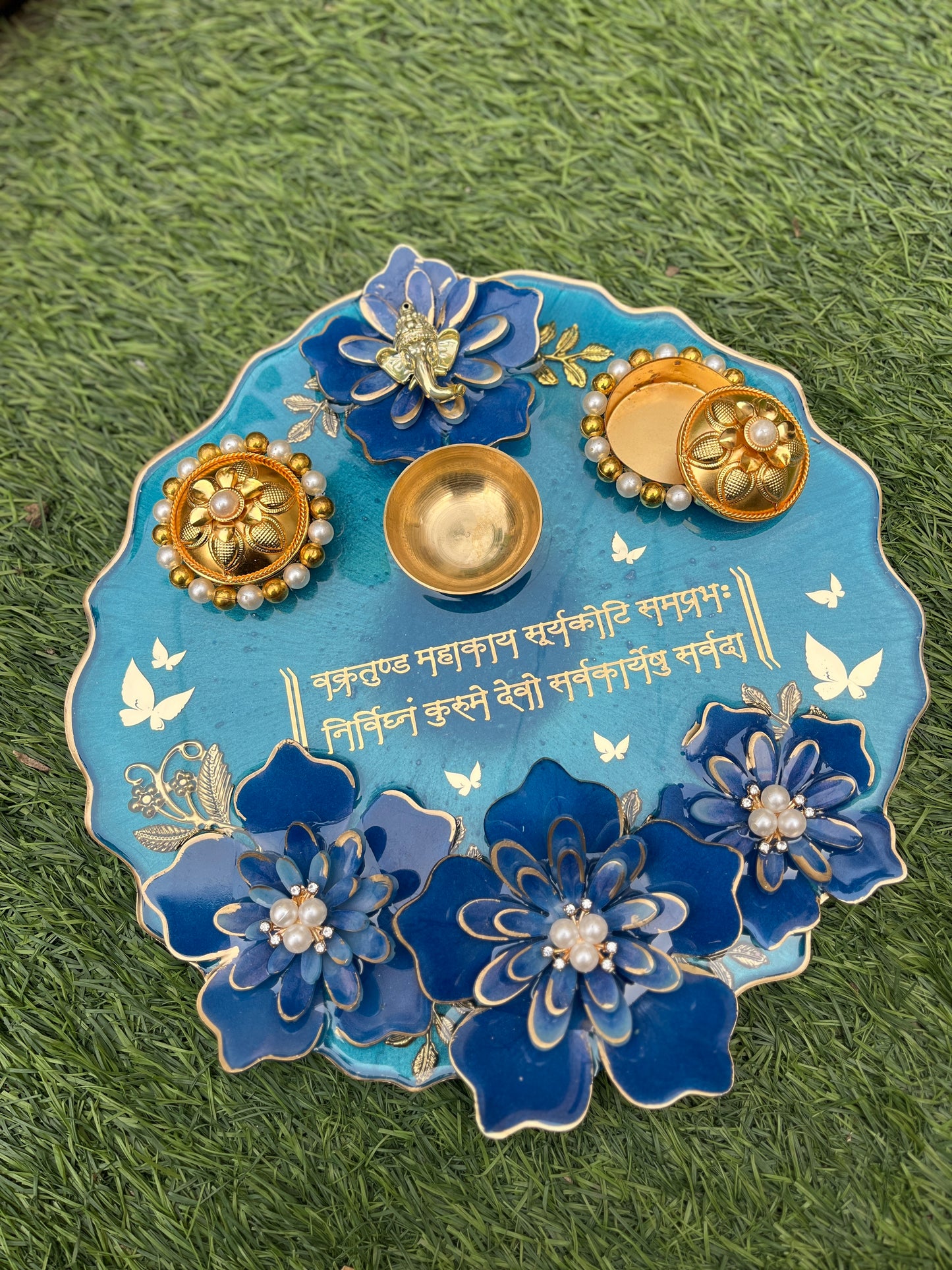 3D Blue Floral Elegance: Resin Pooja Thali (10 Inches)