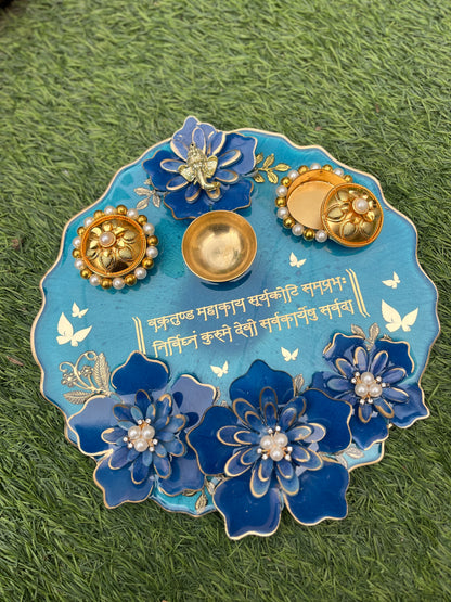 3D Blue Floral Elegance: Resin Pooja Thali (10 Inches)