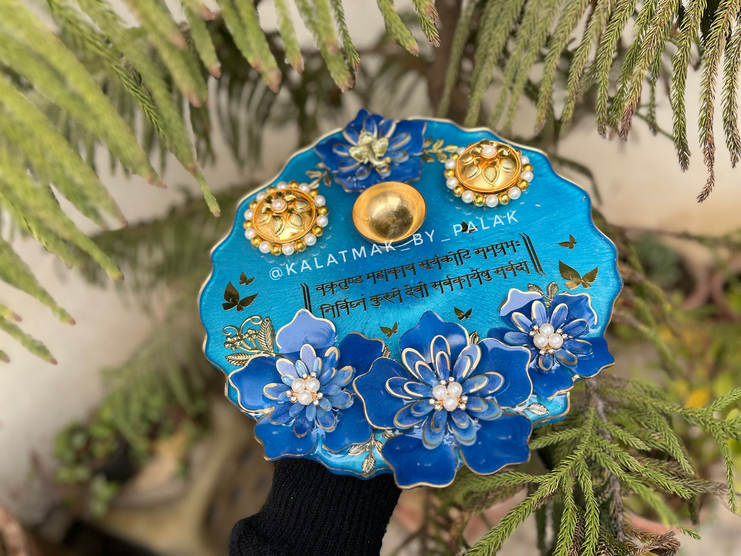 3D Blue Floral Elegance: Resin Pooja Thali (10 Inches)