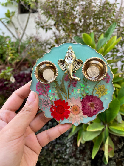 Petite Floral Pooja Platter - Turquoise
