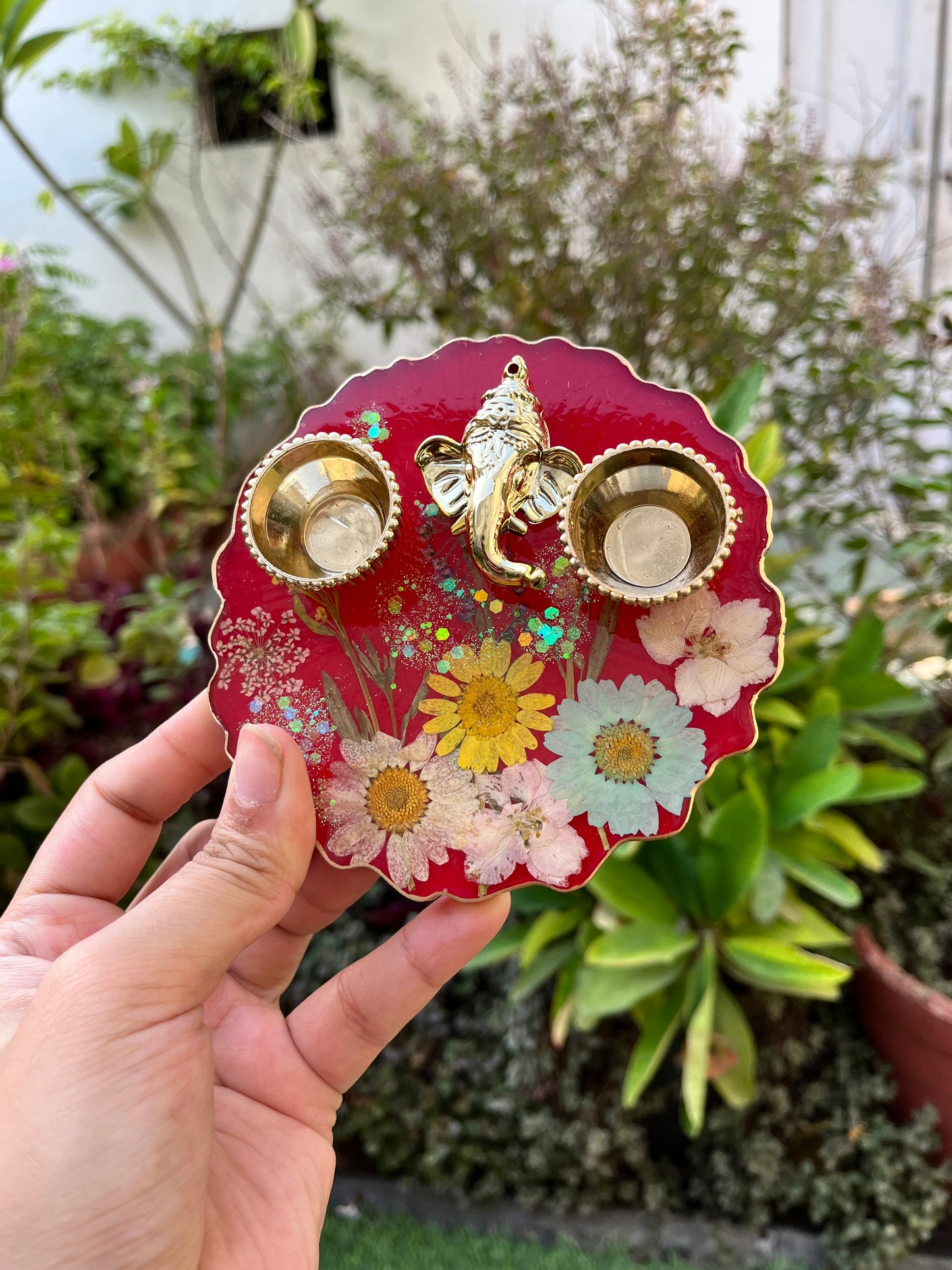 Petite Floral Pooja Platter -Red Garden