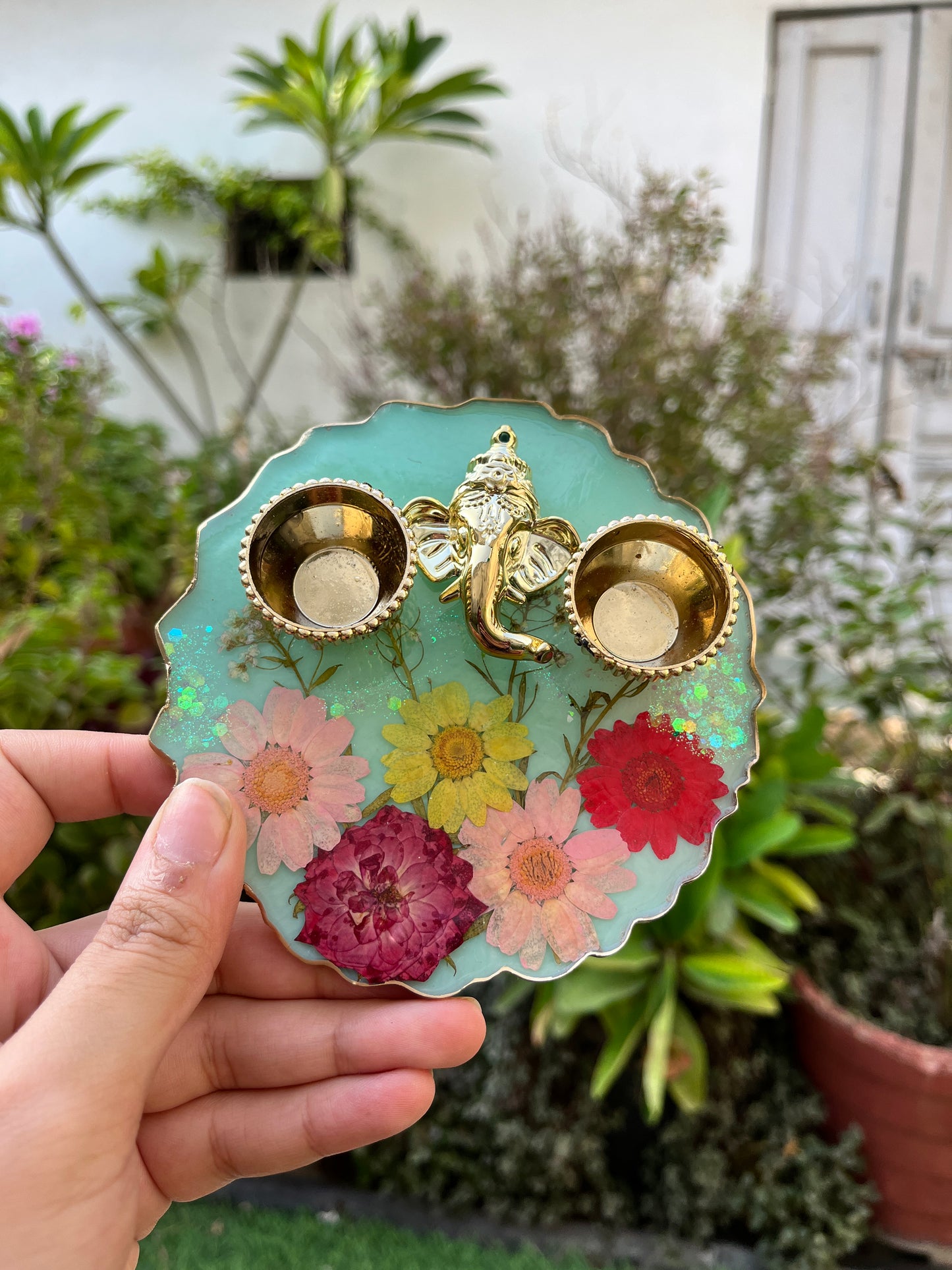 Petite Floral Pooja Platter - Turquoise