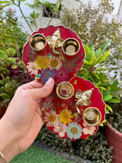Petite Floral Pooja Platter -Red Garden