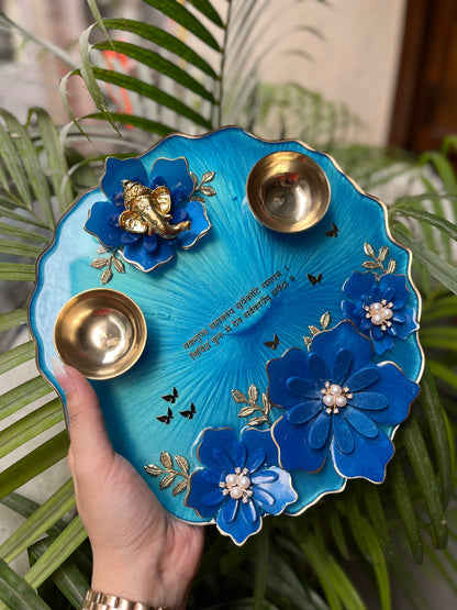 3D Blue Floral Elegance: Resin Pooja Thali (10 Inches)