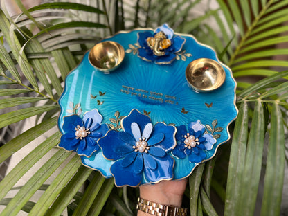 3D Blue Floral Elegance: Resin Pooja Thali (10 Inches)